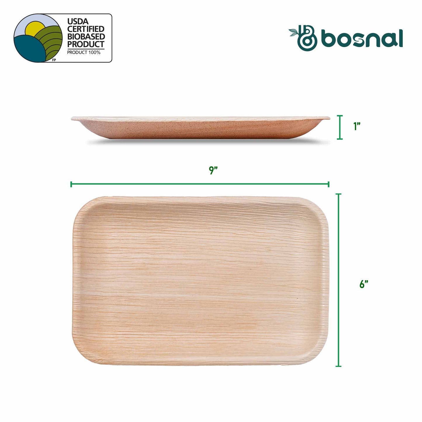 Bosnal - Palm Leaf Biodegradable Plates, 9 x 6 inch Rectangle