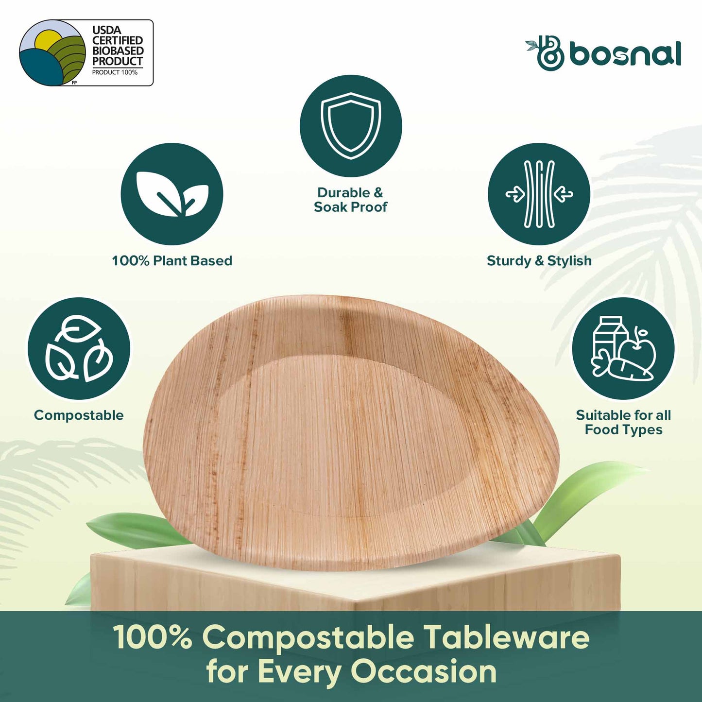 Bosnal - Palm Leaf Biodegradable Plates, 10 inch, Oval