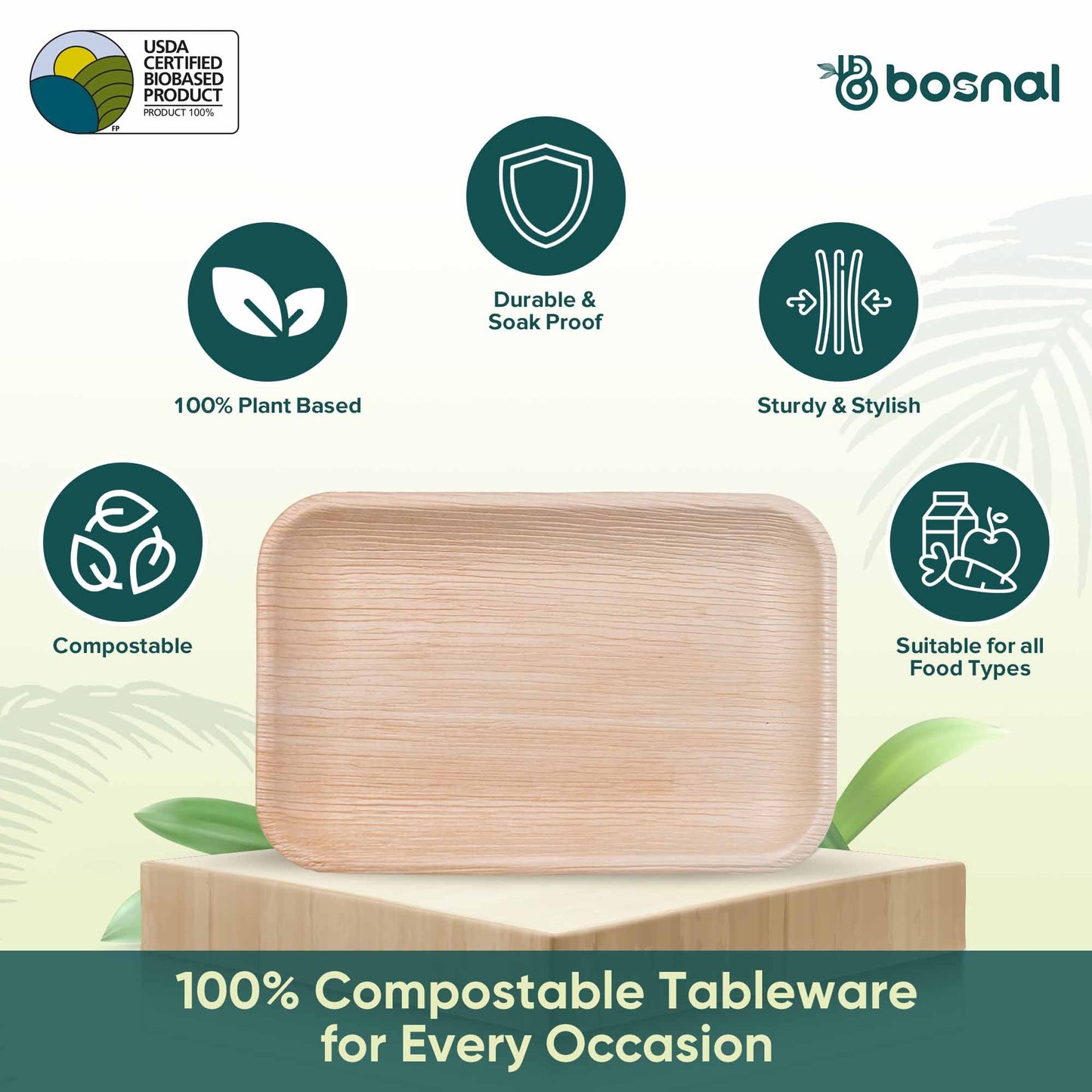 Bosnal - Palm Leaf Biodegradable Plates, 9 x 6 inch Rectangle